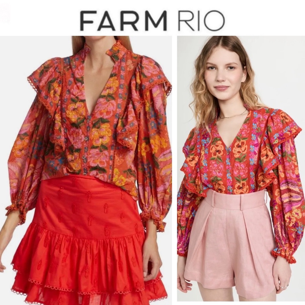 FARM Rio Red Orange Floral Ruffled V-Neck Blouse